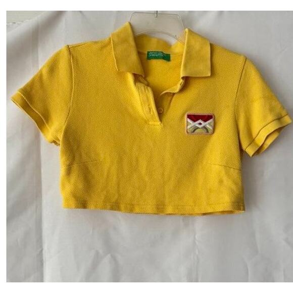 United Colors of Benetton Yellow Cropped Polo Shirt Embroidered Patch - Picture 10 of 12